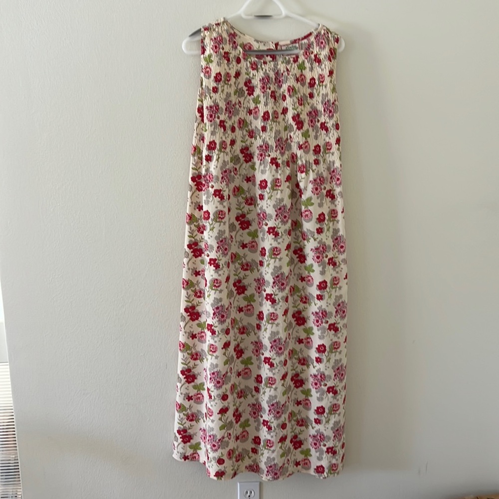 April Cornell cotton sleeveless dress, elastic smocked front bodice, back ties.